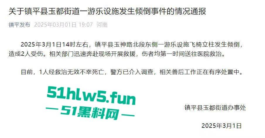 河南镇平庙会游乐设施发生故障致一家三口瞬间高空坠落，一死两伤现场惨不忍睹。-7